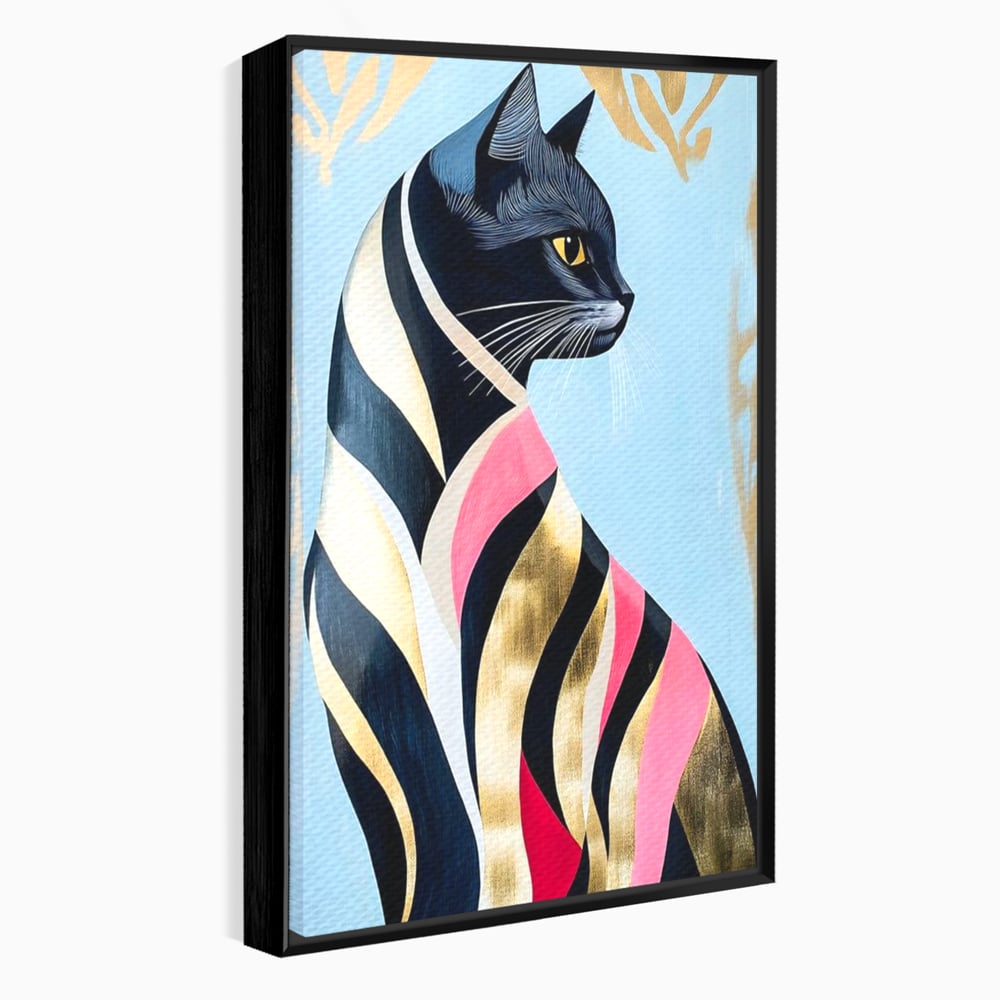 Tablou canvas cu tablou canvas cu pisica neagra stilizata, in rama de aluminiu negru